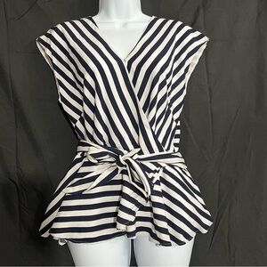NWT Loft Wrap peplum Elegant Top Size XS Black White Striped wrap around Blouse